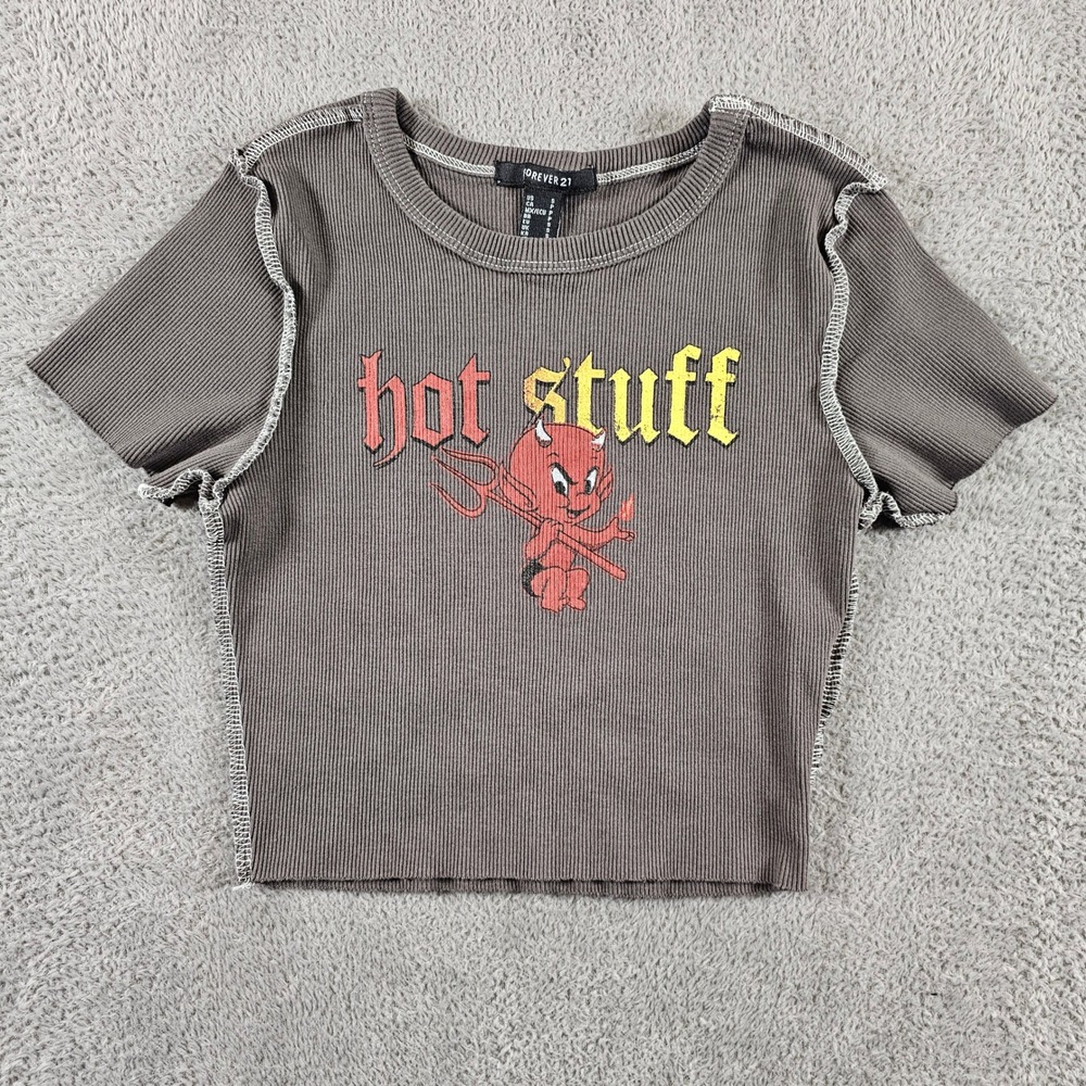 Forever 21 Hot Stuff Devil Graphic Ribbed Baby Tee Grey Small Exposed Seams
